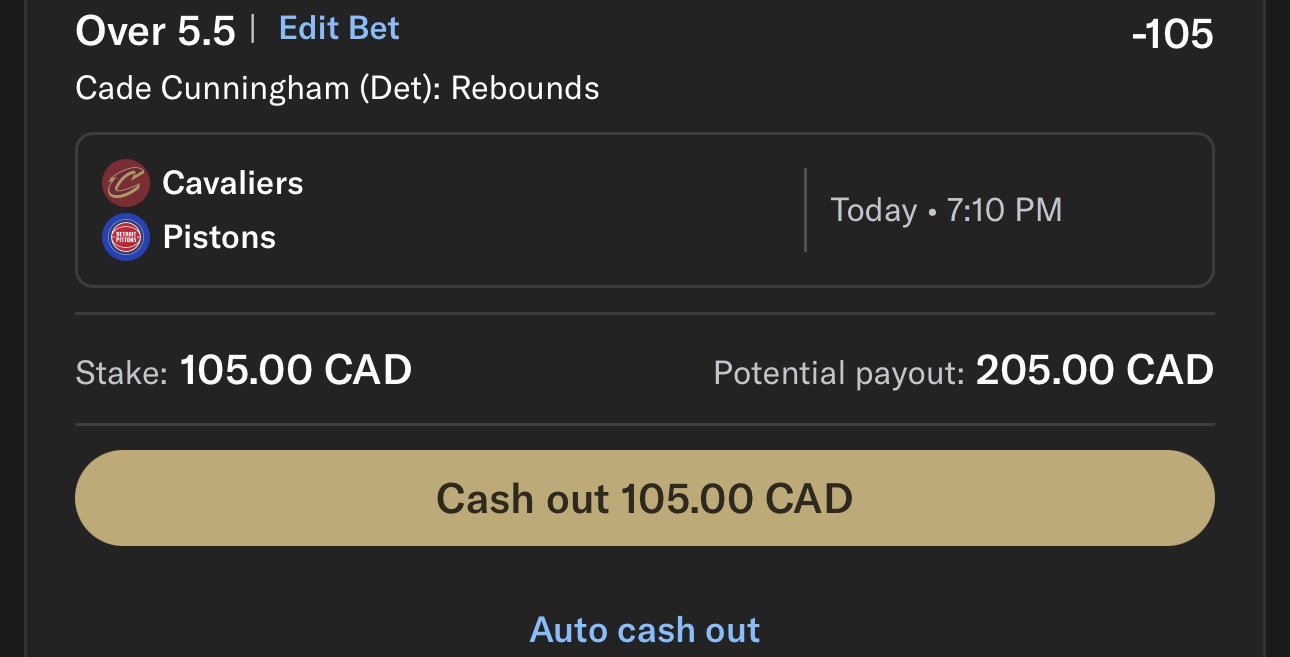 Cade Cunningham Over 5.5 rebounds (-105) is placed at BetMGM, and that bet is featured in our Cavaliers vs. Pistons player props tonight.