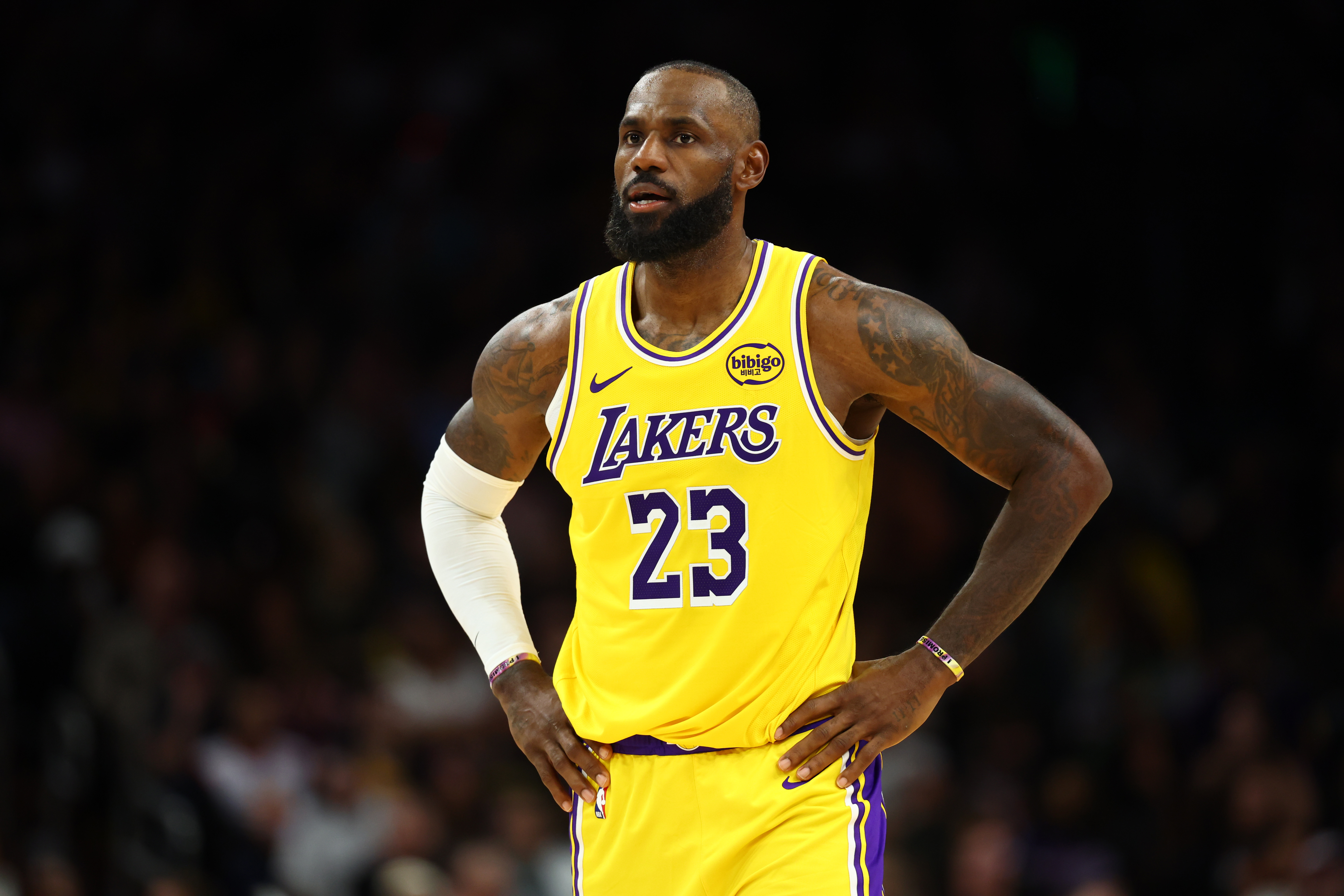 Los Angeles Lakers forward LeBron James (23) looks on as we offer our NBA player props today.