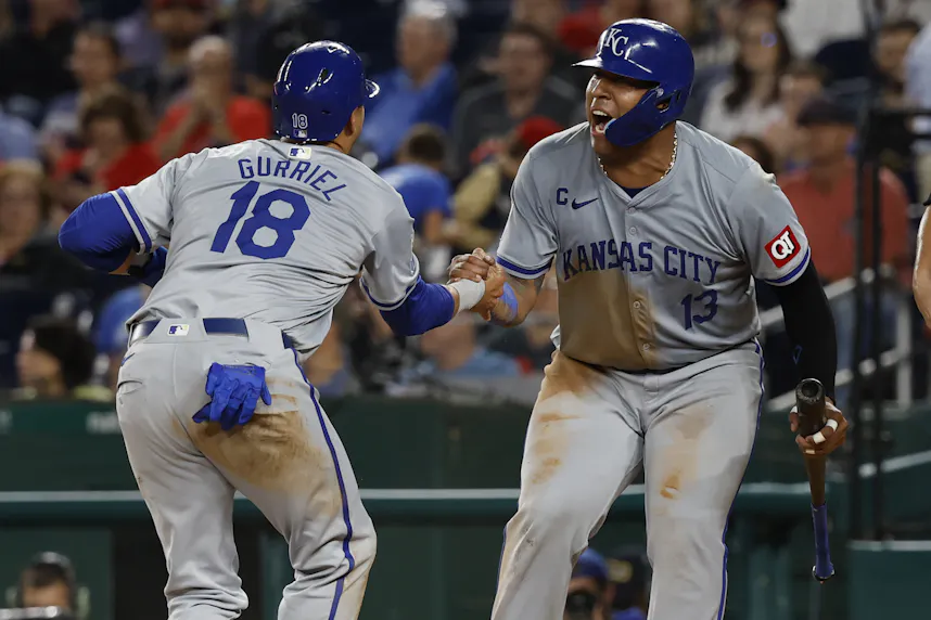 Kansas City Royals catcher Salvador Perez and Royals first baseman Yuli Gurriel celebrate as we look at Gubernatorial support for legal sports betting in Missouri.