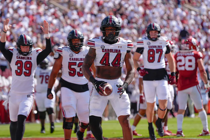 South Carolina Gamecocks tight end Maurice Brown II celebrates after scoring a 2-point conversion against the Oklahoma Sooners, and we offer our college football best bets for Week 10.