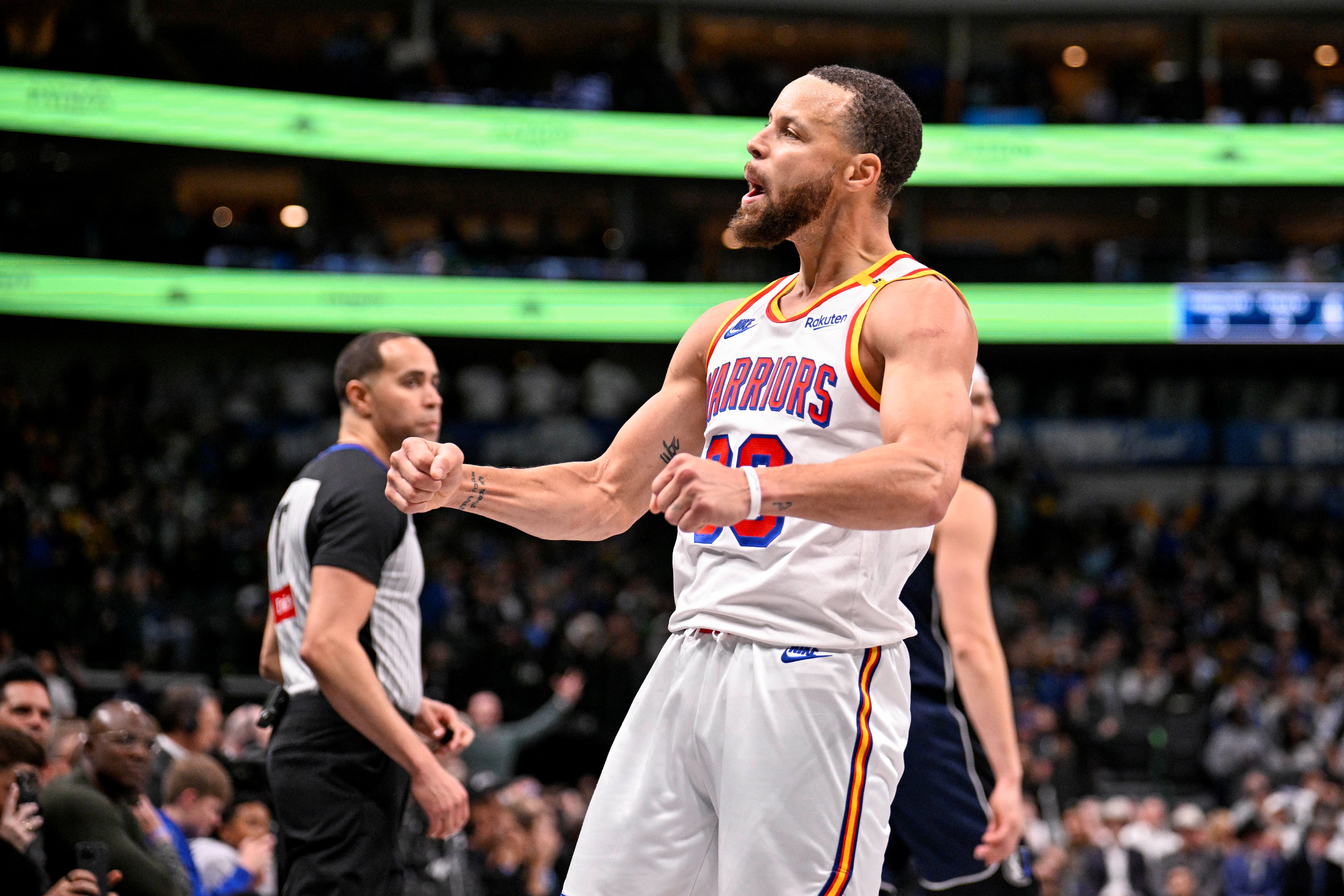 Golden State Warriors guard Stephen Curry (30), seen here reacting during a game, is featured in our Rockets vs. Warriors player props today.