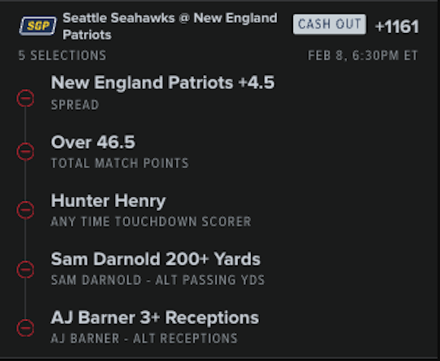 An example Super Bowl parlay bet at FanDuel Sportsbook.