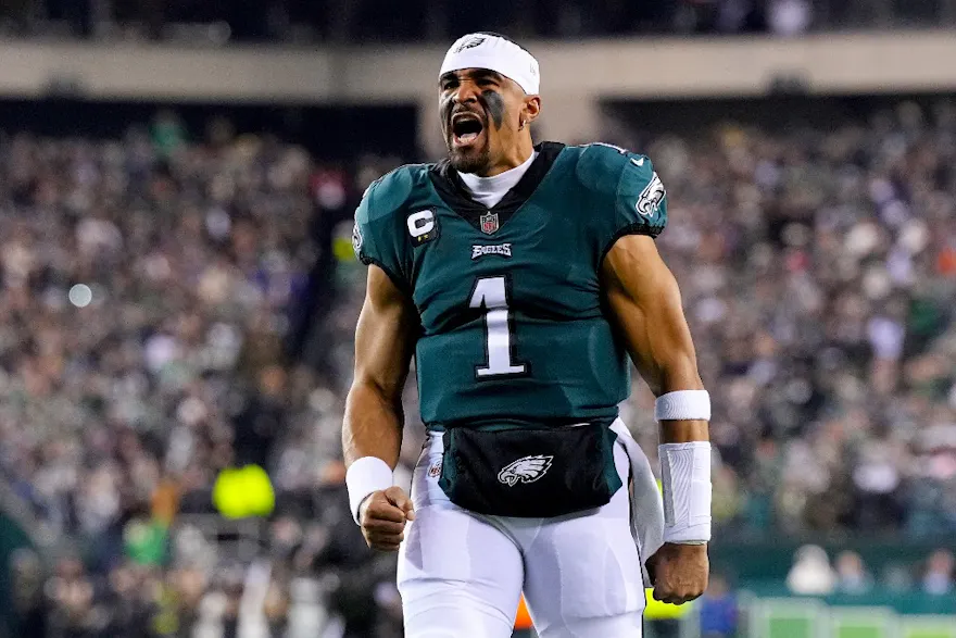 Jalen Hurts of the Philadelphia Eagles reacts prior to a game against the New York Giants, and we offer new U.S. bettors our exclusive bet365 bonus code for NFL Week 2.