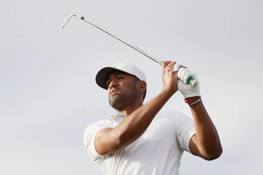 Tony Finau plays a shot on the 17th hole during the third round of the The American Express at the Stadium Course at PGA West on January 22, 2022 in La Quinta, California. Photo by Steph Chambers Getty Images via AFP.