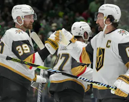 Mark Stone and Anthony Mantha of the Vegas Golden Knights celebrate a 4-3 win over the Dallas Stars as we dive into the best prop picks and predictions for Game 2 of the first round series between the Vegas Golden Knights and Dallas Stars. 