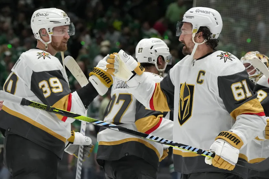 Mark Stone and Anthony Mantha of the Vegas Golden Knights celebrate a 4-3 win over the Dallas Stars as we dive into the best prop picks and predictions for Game 2 of the first round series between the Vegas Golden Knights and Dallas Stars. 