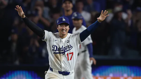 Los Angeles Dodgers designated hitter Shohei Ohtani (17) celebrates as we break down our Blue Jays vs. Dodgers same-game parlay for World Series Game 4.