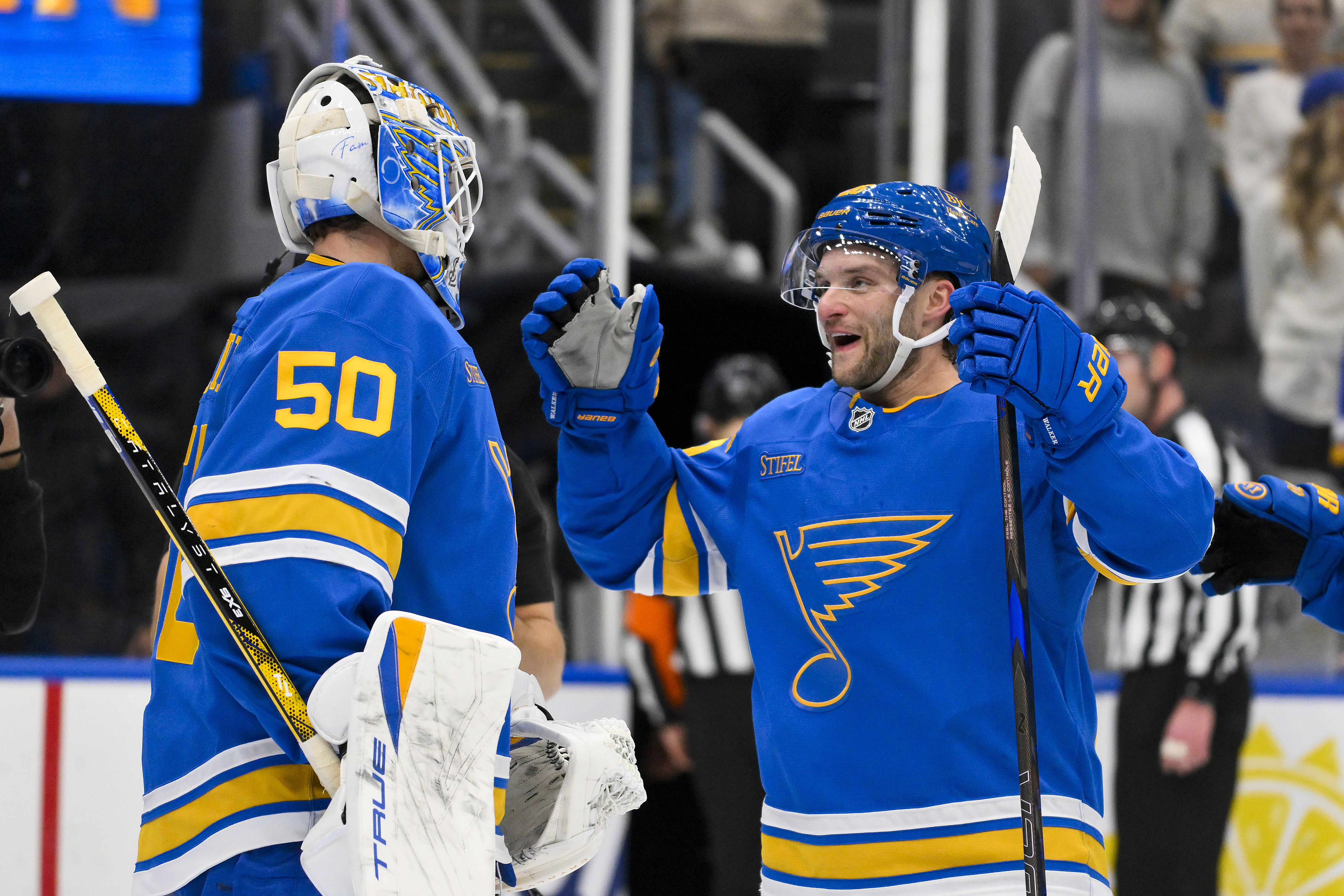  St. Louis Blues Jordan Binnington celebrates with Nathan Walker as we look at Missouri sportsbook promos.