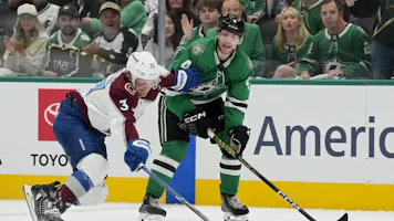 Casey Mittelstadt and Miro Heiskanen fight for the puck during the third period in Game 1 as we offer our expert prop picks for Game 2 of the second-round series between the Colorado Avalanche and Dallas Stars. 