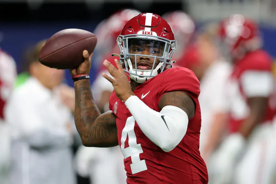 Jalen Milroe of the Alabama Crimson Tide warms up prior to the SEC Championship game as we look at the opening Heisman odds for 2024.