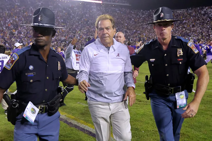 Head coach Nick Saban of the Alabama Crimson Tide leaves the field after a game against against the LSU Tigers at Tiger Stadium on November 05, 2022 in Baton Rouge, Louisiana.
