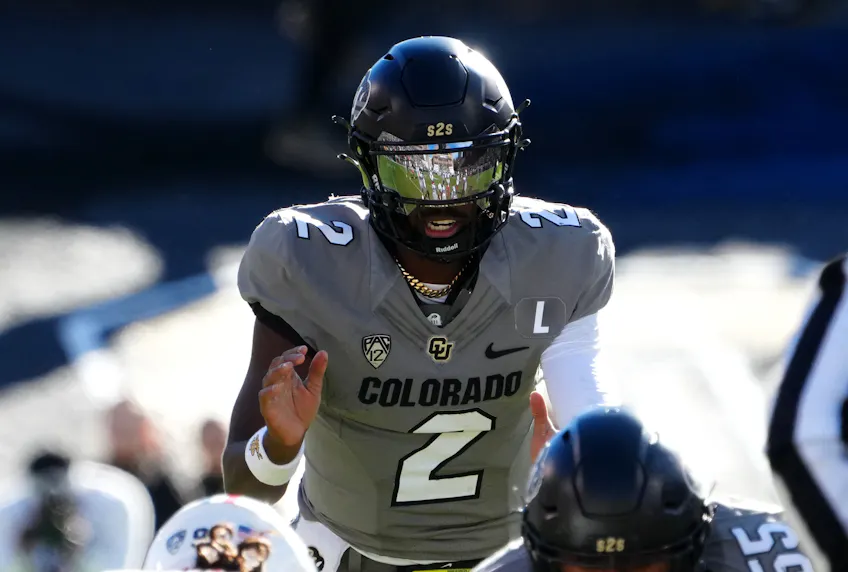 Colorado quarterback Shedeur Sanders against the Arizona Wildcats. Colorado is among College Football's Riskiest Teams & Players for the 2024 season.