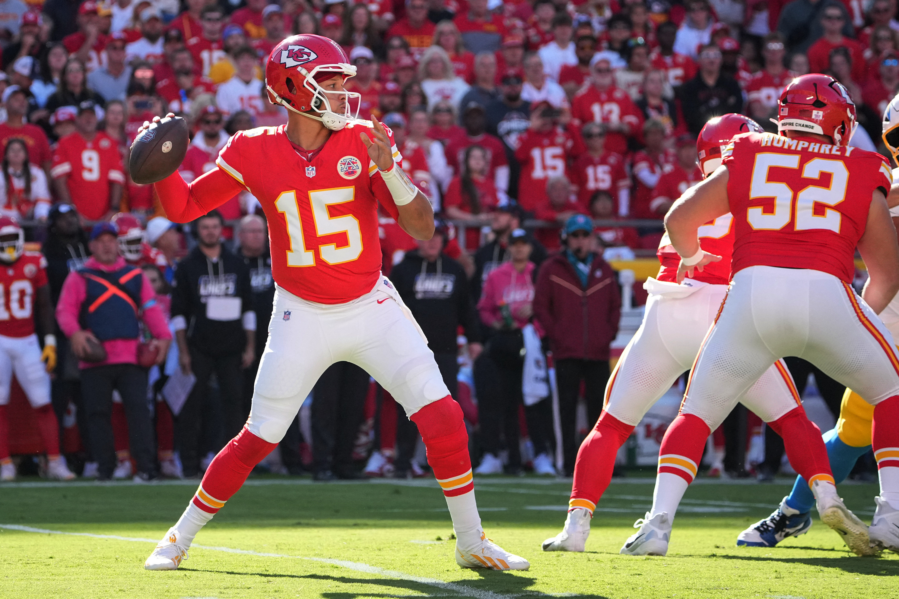 Pictured: Patrick Mahomes throwing a pass as we break down our Chiefs vs. Seahawks Prediction. Photo by Denny Medley-Imagn Images.