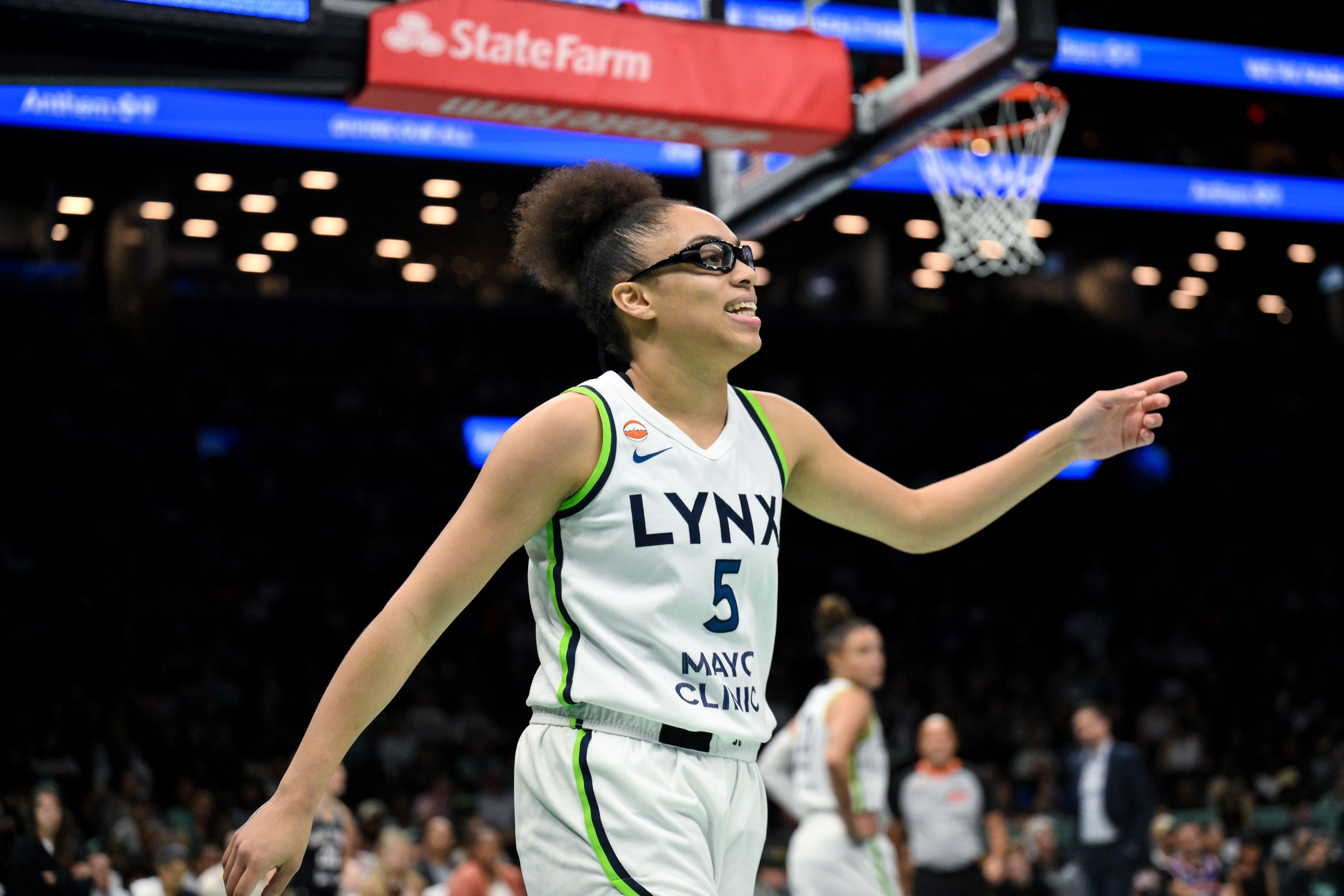 Minnesota Lynx guard Olivia Miles (5) reacts as we break down our Liberty vs. Lynx prediction.