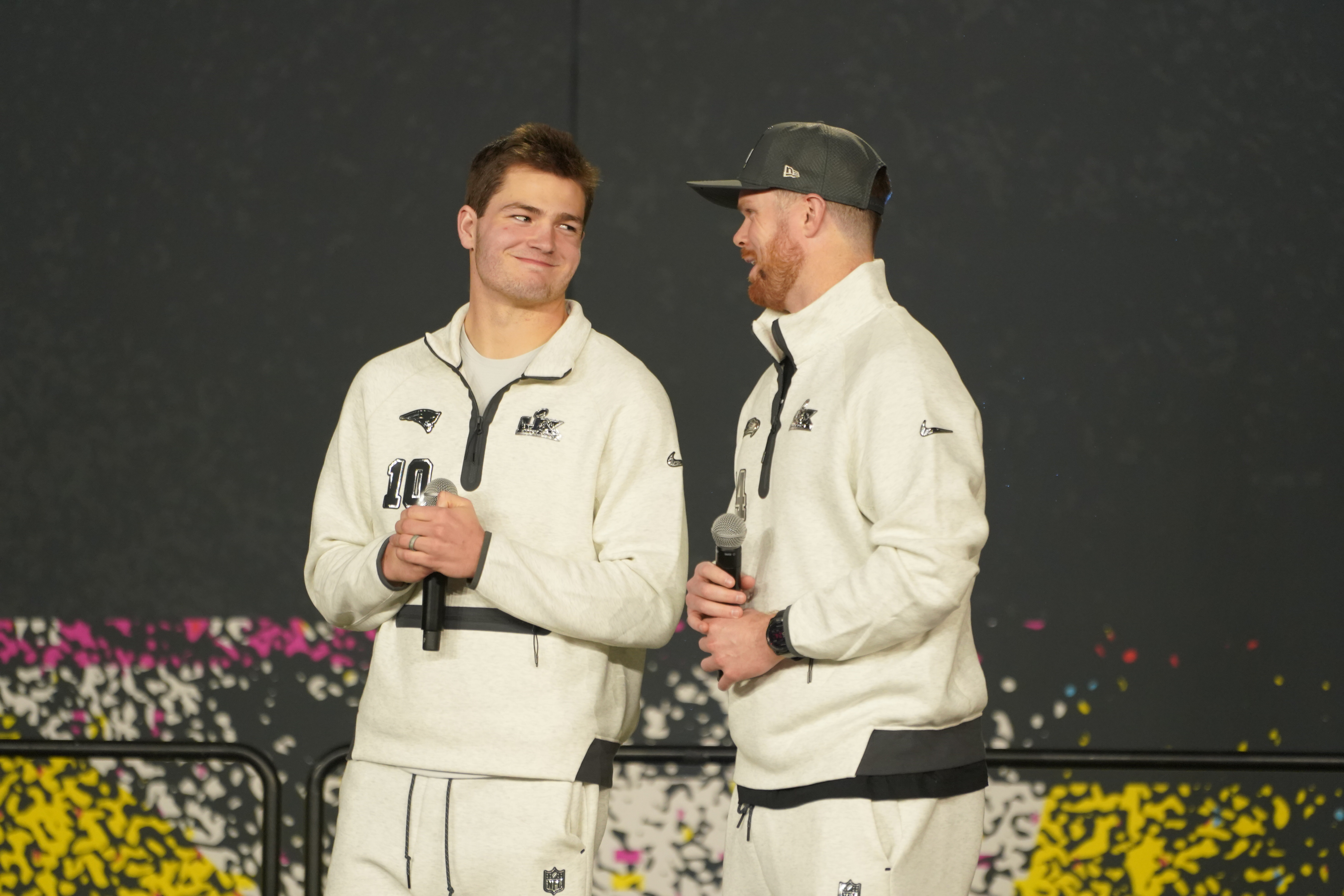 New England quarterback Drake Maye (left) and Seattle Seahawks quarterback Sam Darnold during the Super Bowl Opening Night Ceremony as we look at the Super Bowl MVP odds from prediction markets