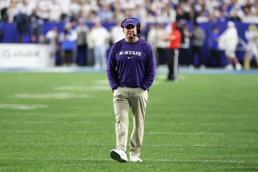Kansas State Wildcats head coach Chris Klieman looks on as we offer our best Big 12 predictions, odds, and picks for college football Week 5.