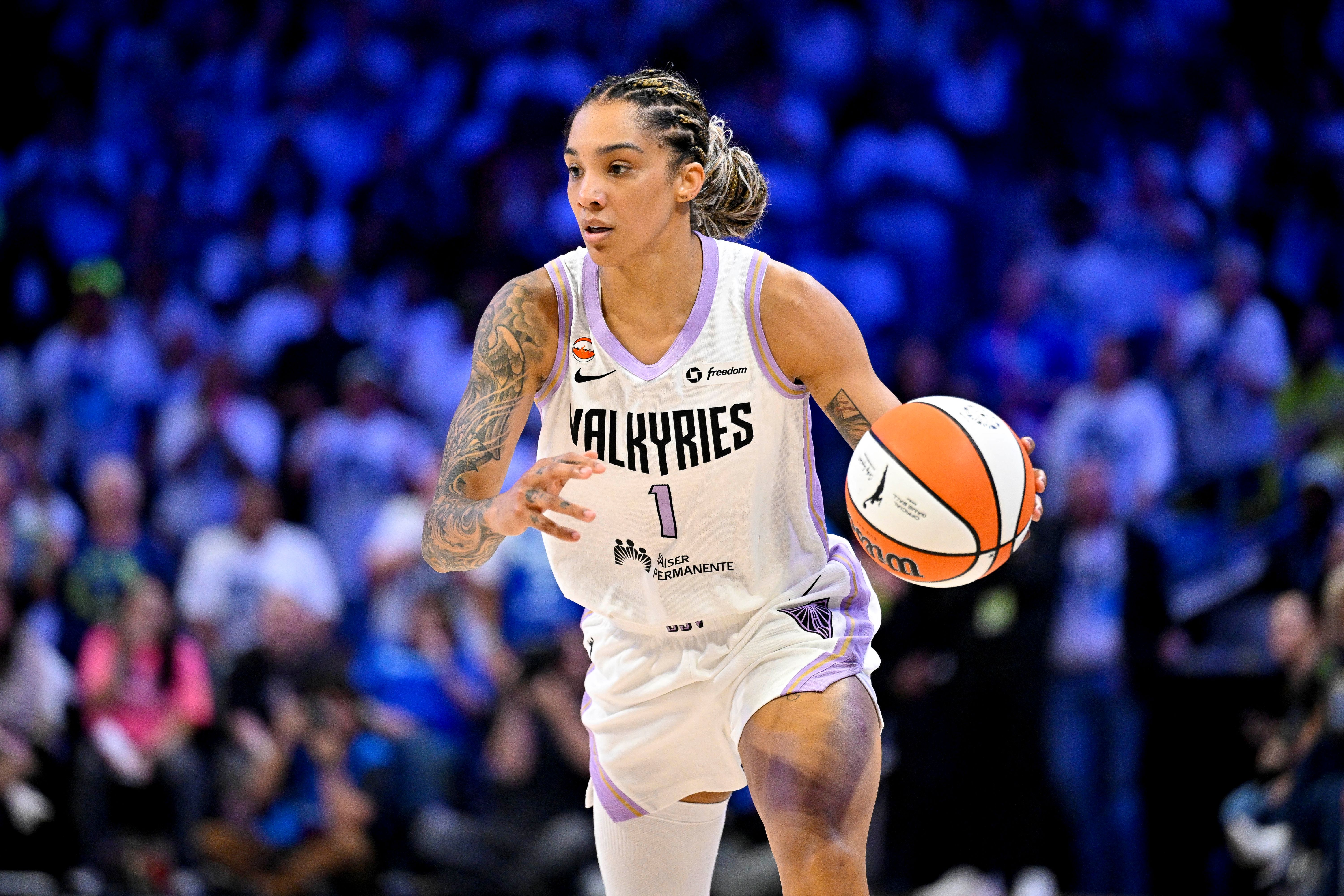Golden State Valkyries forward Gabby Williams (1) brings the ball up the court as we break down our Dream vs. Valkyries prediction.