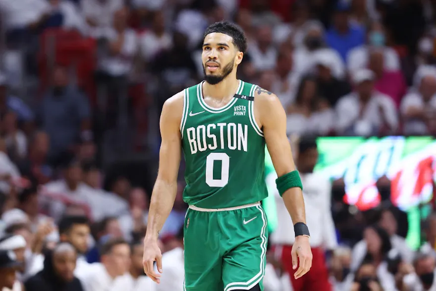 Jayson Tatum of the Boston Celtics reacts against the Miami Heat in Game One of the 2022 NBA Playoffs Eastern Conference Finals at FTX Arena on May 17, 2022 in Miami, Florida. Photo by Michael Reaves Getty Images via AFP.