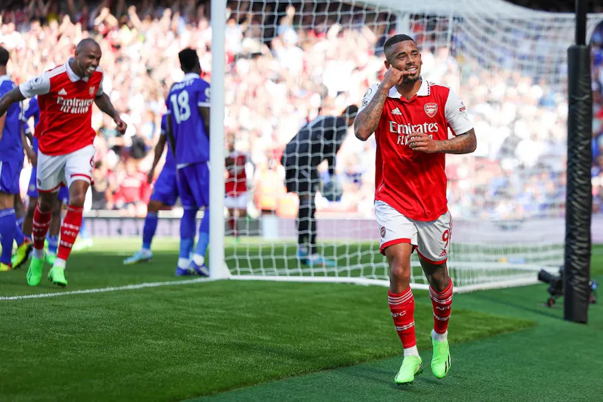 Gabriel Jesus of Arsenal scores a goal and celebrates 2-0 during the English championship Premier League football match between Arsenal and Leicester City. Photo Nigel Keene/ProSportsImages/DPPI