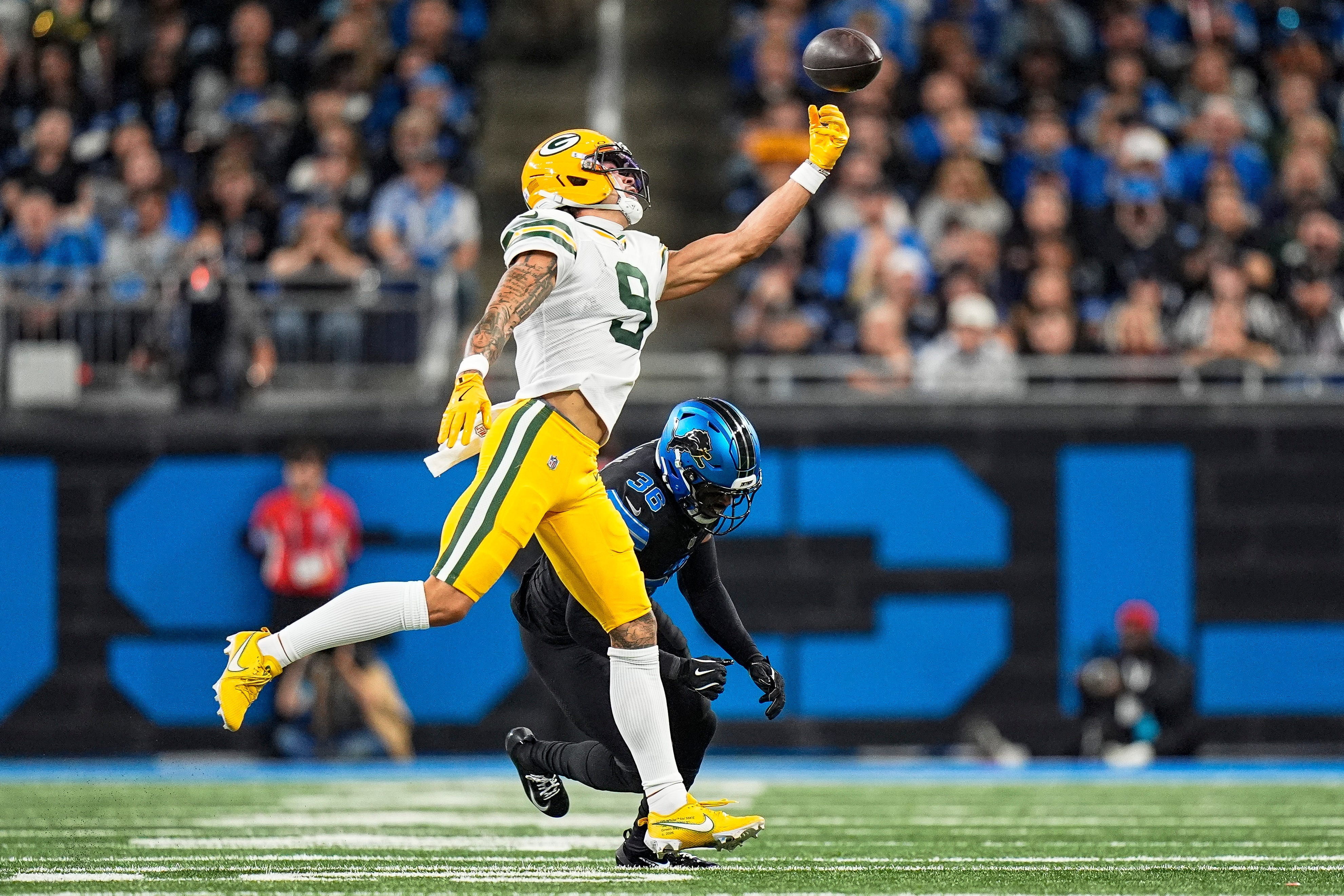 Green Bay Packers wide receiver Christian Watson (9) as he is featured in our Panthers vs. Packers touchdown scorer picks.