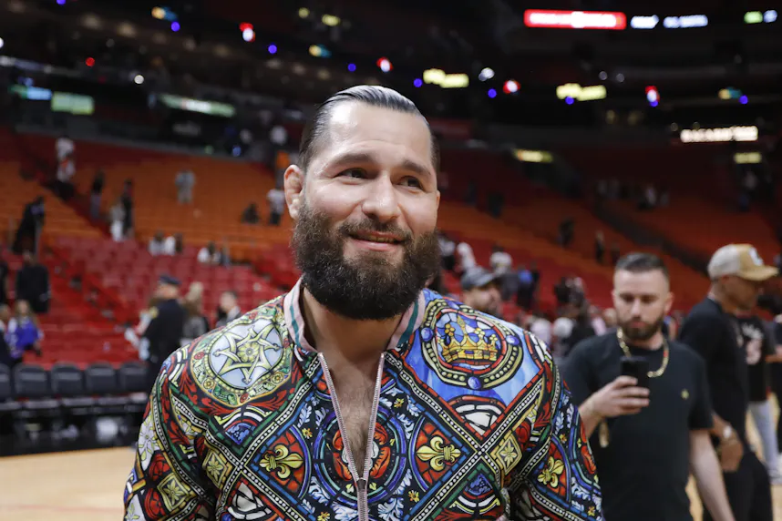 American MMA fighter Jorge Masvidal attends the game between the Miami Heat and the Atlanta Hawks and makes his Jake Paul vs. Mike Tyson pick.