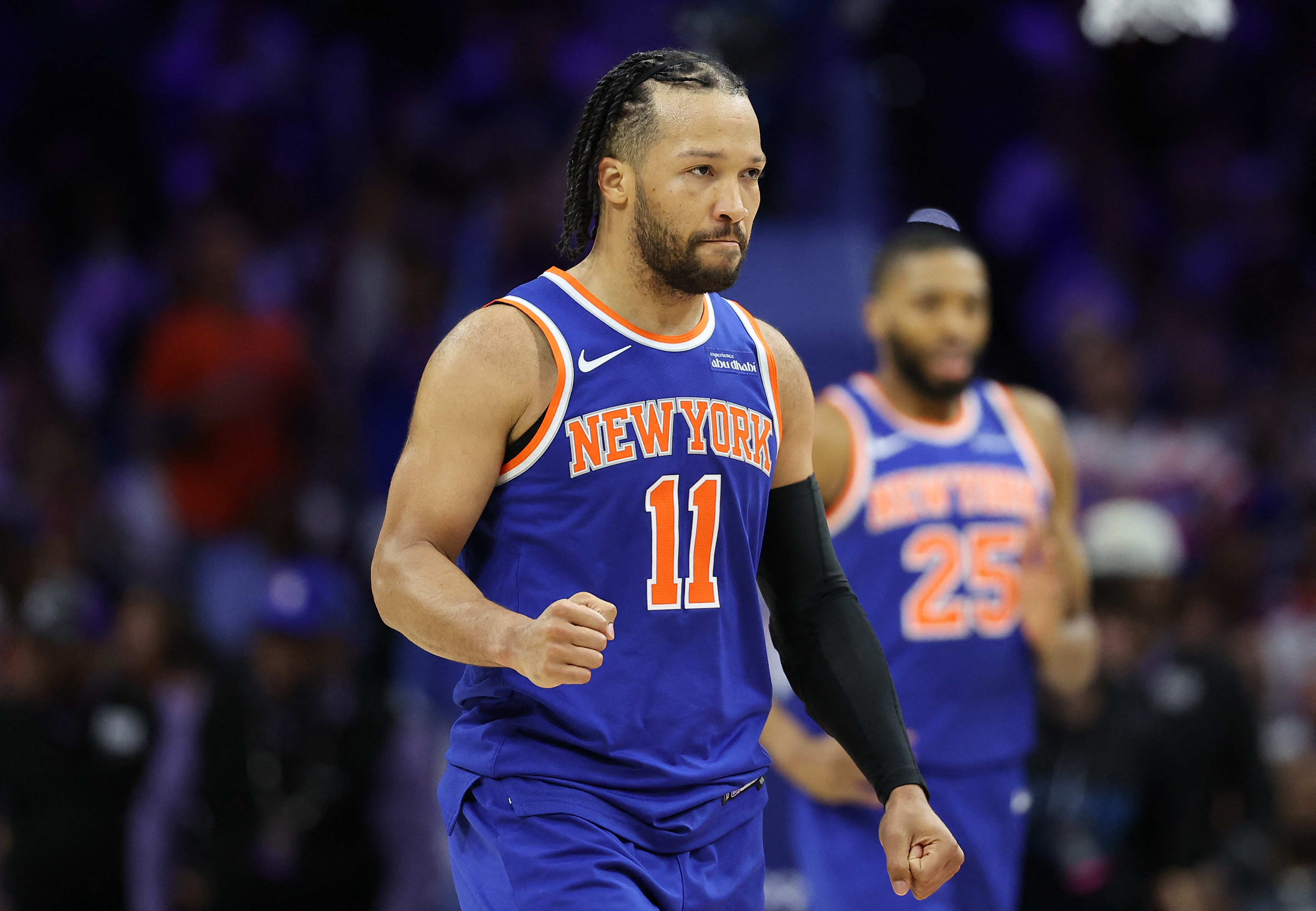New York Knicks guard Jalen Brunson (11) reacts as we break down our 2026 NBA Finals series props.