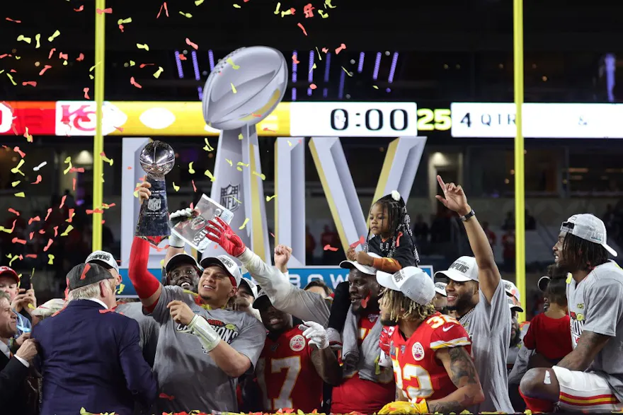 Patrick Mahomes celebrates with the Lombardi Trophy and is again the favorite by the Super Bowl 57 MVP odds.