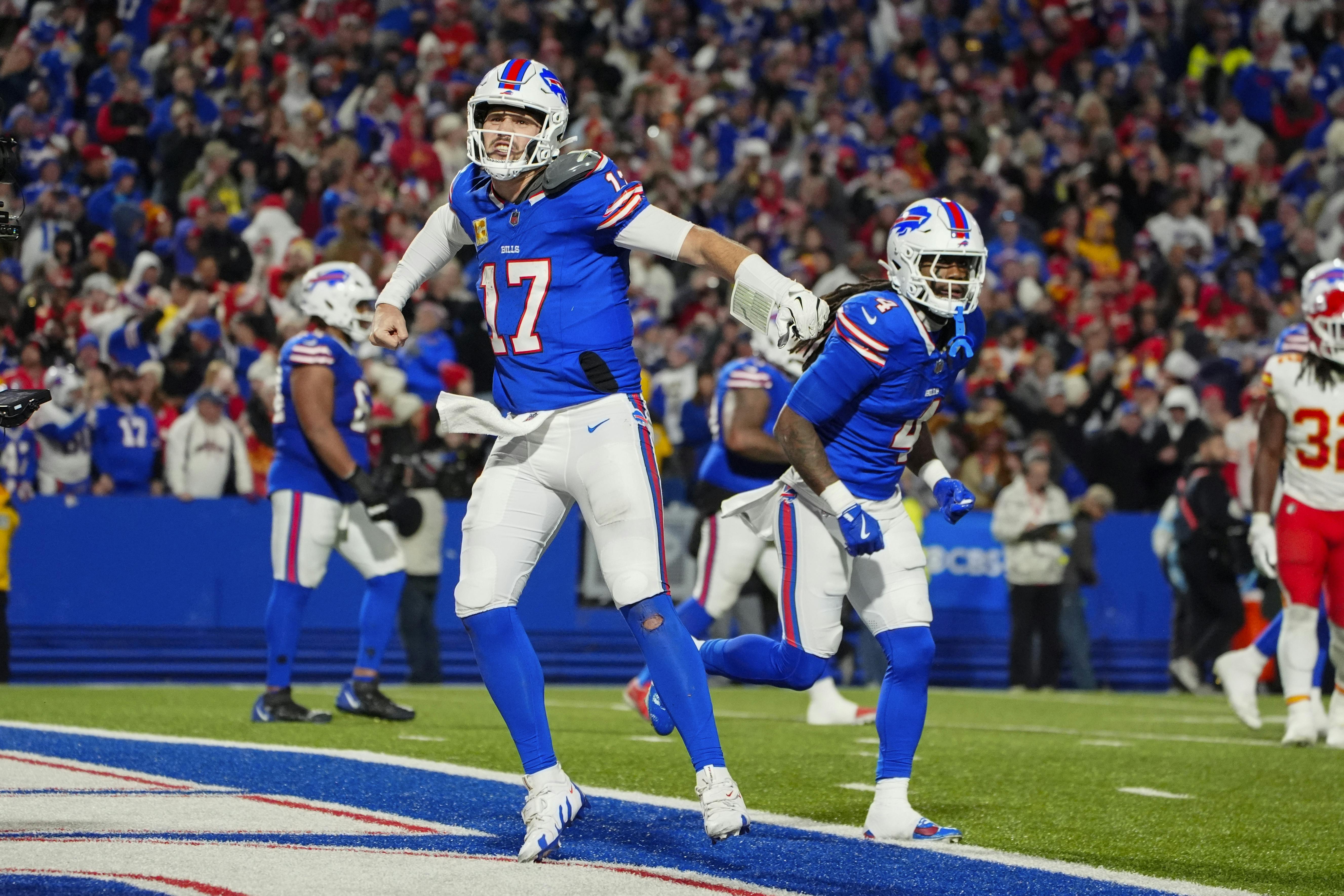 Buffalo Bills quarterback Josh Allen reacts as we break down the latest 2025 Super Bowl odds after NFL Week 12.