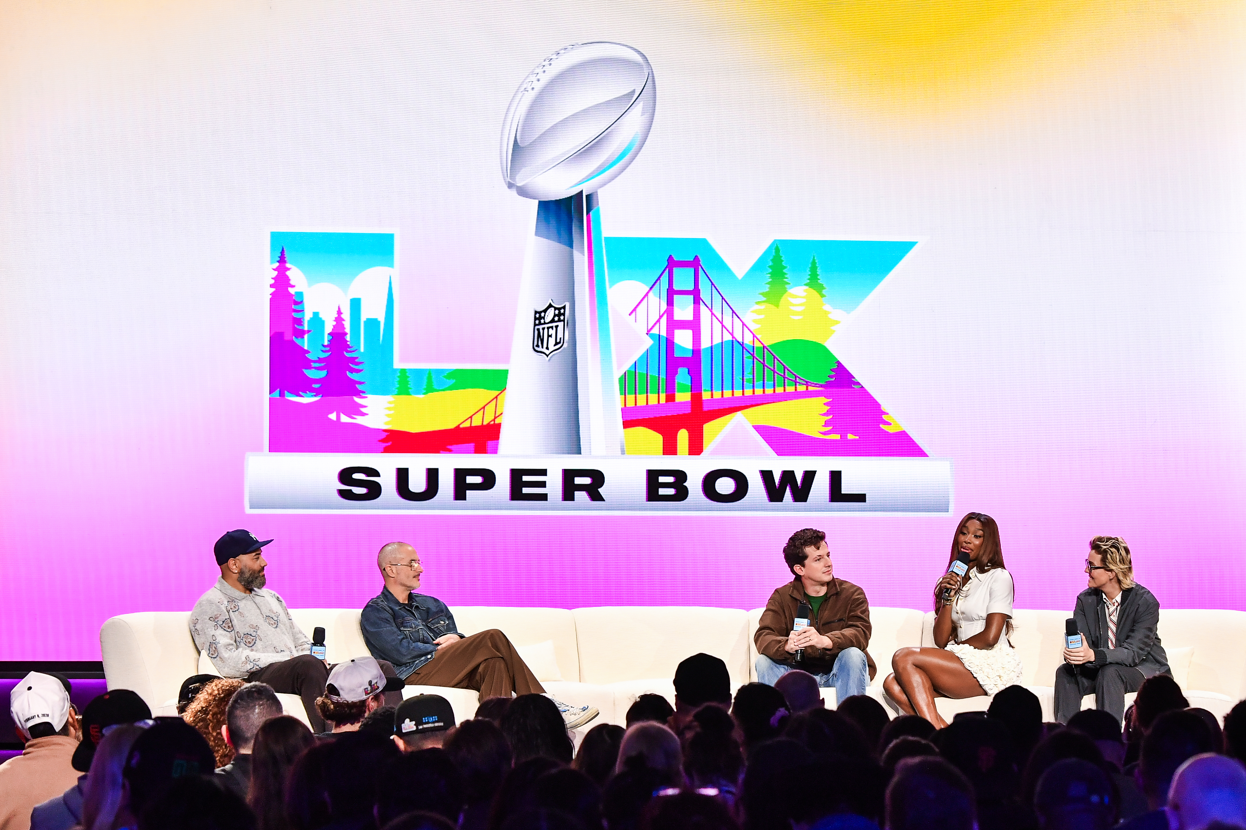 Pregame performers Charlie Puth (The National Anthem), Coco Jones (Lift Every Voice and Sing), Brandi Carlile (America The Beautiful) talk on stage as we break down our Super Bowl party fouls.