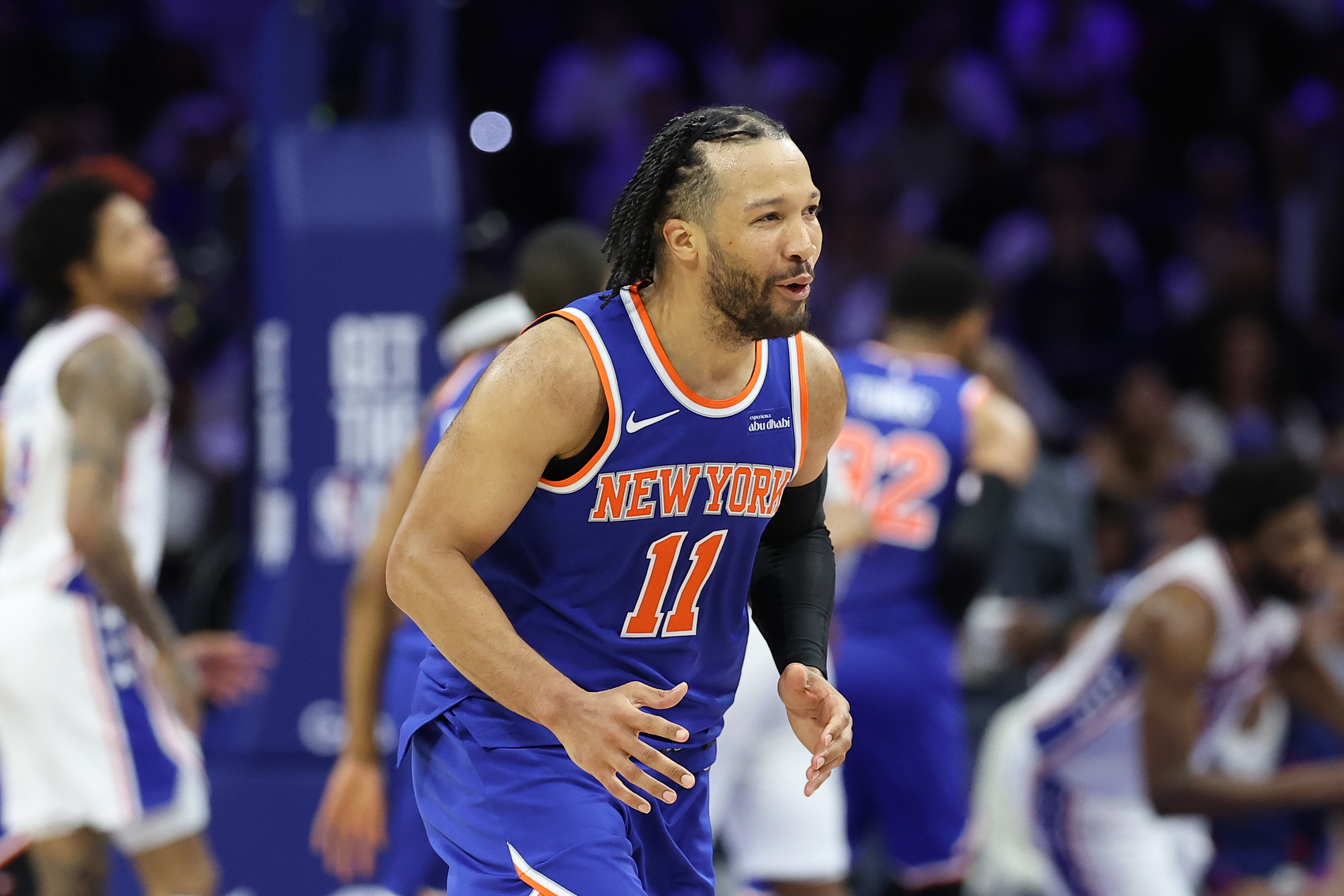 New York Knicks guard Jalen Brunson (11) reacts as we break down our 2026-27 NBA win total predictions.
