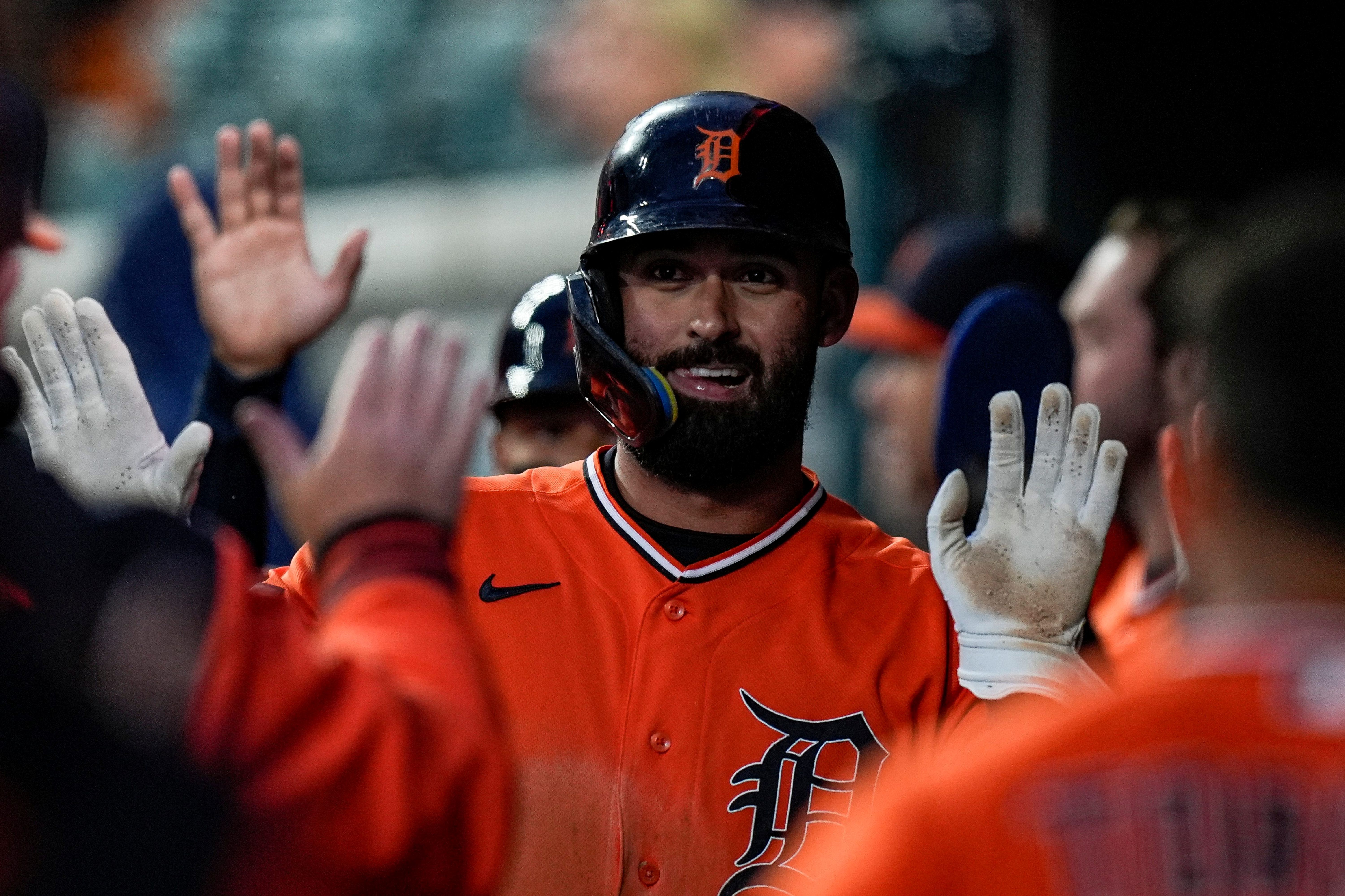 Detroit Tigers designated hitter Riley Greene celebrates a run against, and he's key as I look at my home run predictions today.