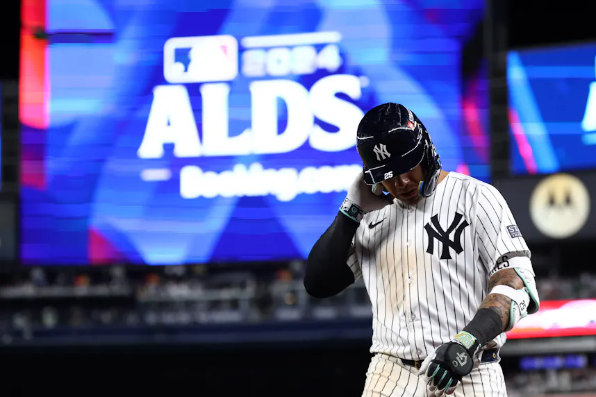 New York Yankees second baseman Gleyber Torres reacts after the final out against the Kansas City Royals.