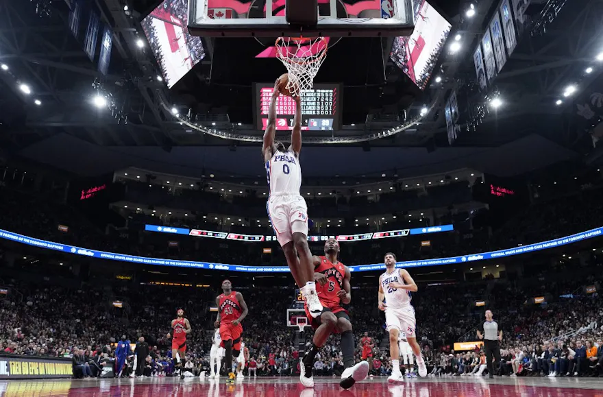 Tyrese Maxey of the Philadelphia 76ers goes to the basket as we look at the top Bulls vs. 76ers bonus code.