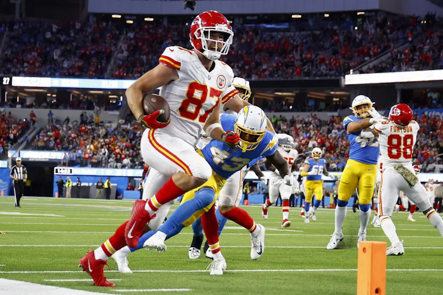 Travis Kelce #87 of the Kansas City Chiefs features in our AFC West betting preview
