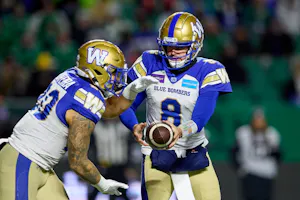 Zach Collaros hands the ball off to Brady Oliveira of the Winnipeg Blue Bombers in the first half of the 109th Grey Cup game between the Toronto Argonauts and Winnipeg Blue Bombers. We're backing Winnipeg in our Alouettes vs. Blue Bombers prediction. 