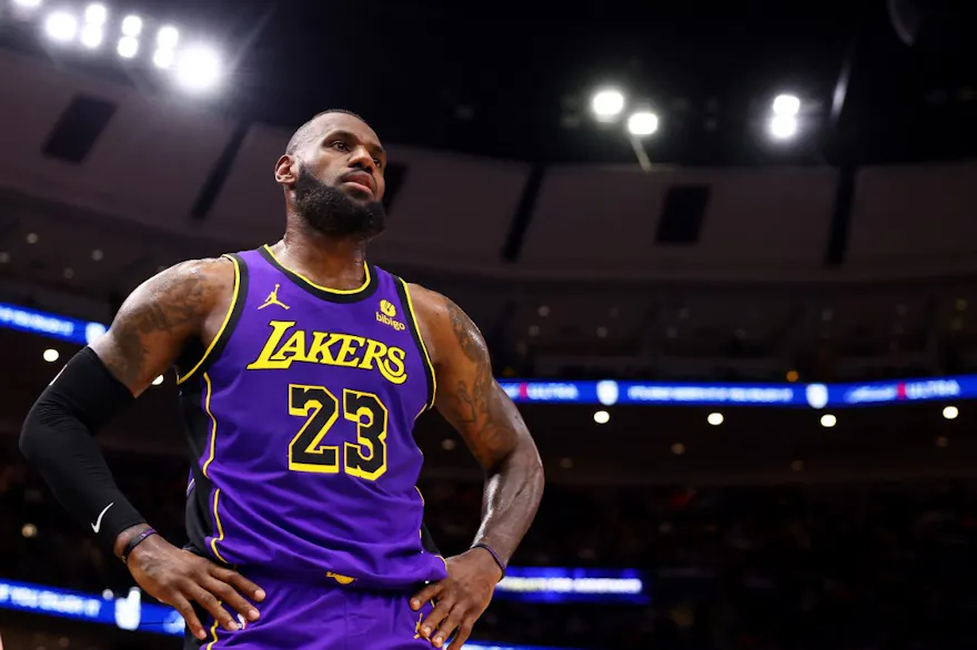 LeBron James #23 of the Los Angeles Lakers looks on as we make our predictios for how James will score his 40,000th career point in the NBA.
