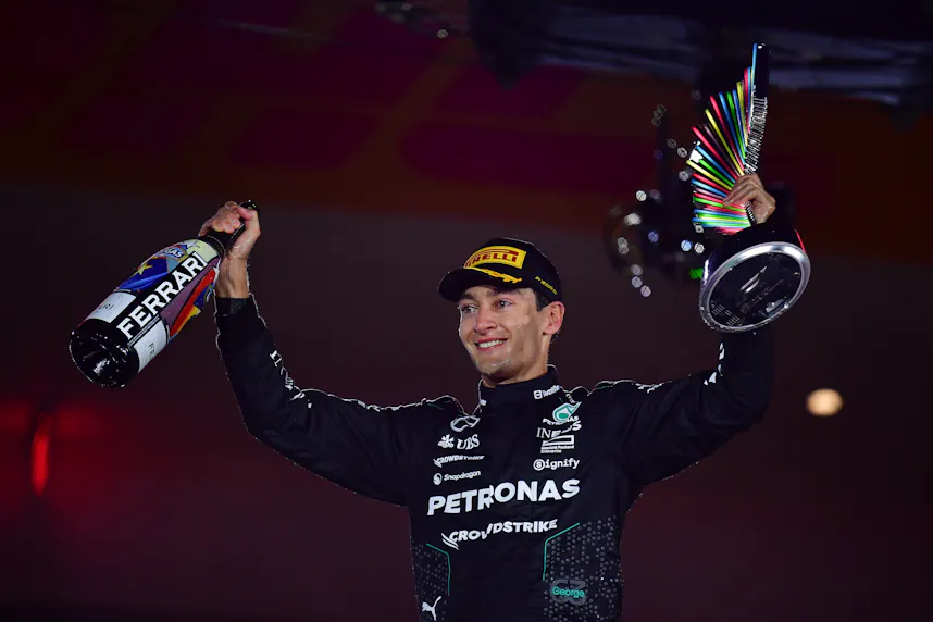 George Russell celebrates his race victory at the Las Vegas Grand Prix as we look at the best 2025 Las Vegas Grand Prix odds.
