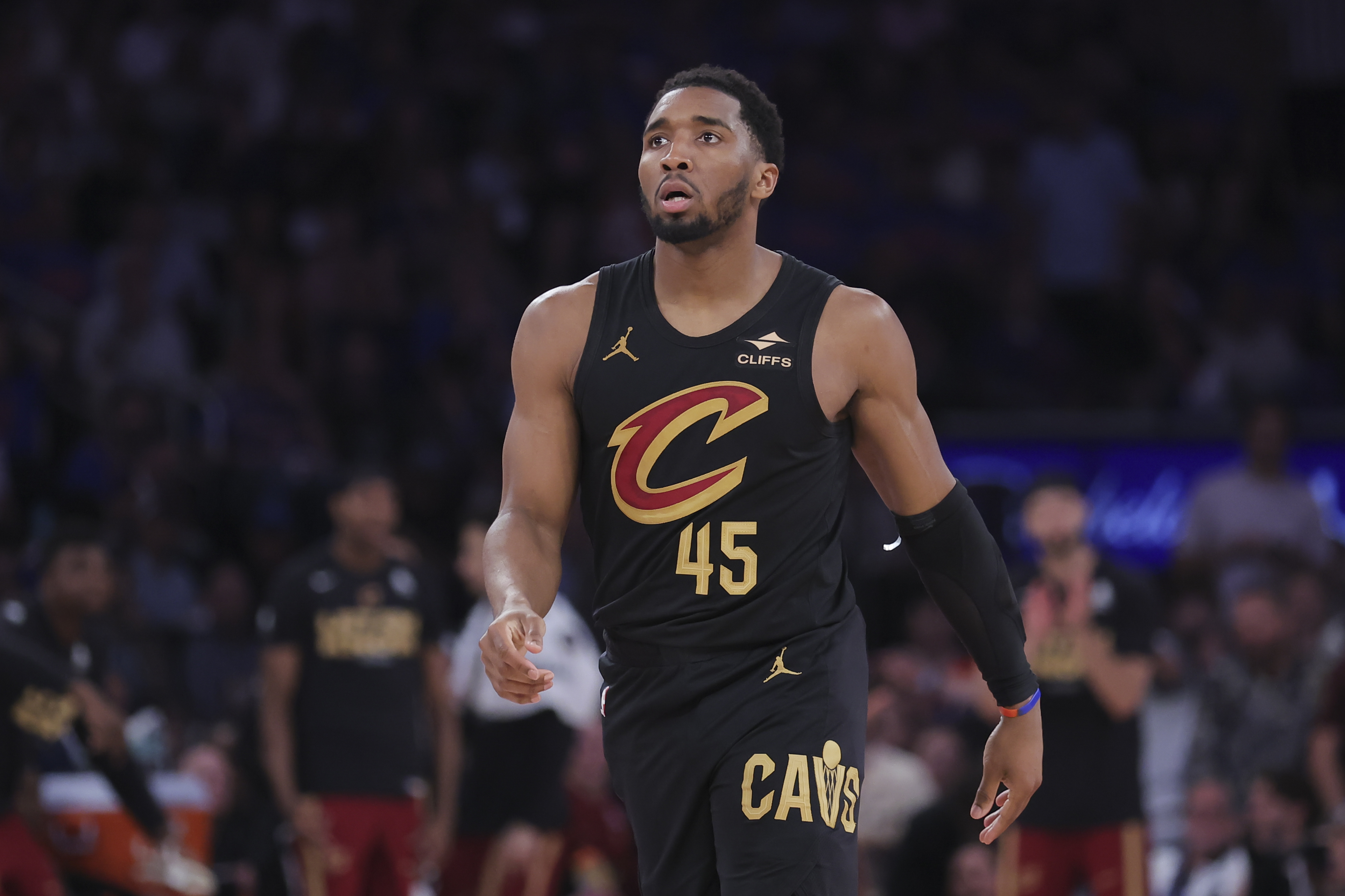 Cleveland Cavaliers guard Donovan Mitchell (45) looks on as we provide our NBA best bets today.