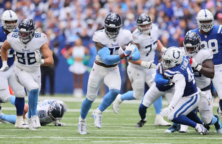 Derrick Henry #22 of the Tennessee Titans against the Indianapolis Colts as we look at our best Ravens-Titans predictions