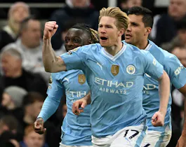 Manchester City's Kevin De Bruyne celebrates after scoring against Newcastle United, and we offer a look at our top Premier League odds and predictions.