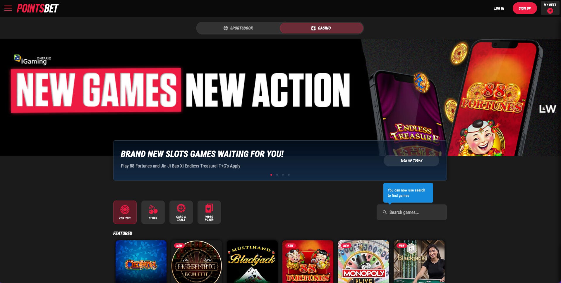 PointsBet Ontario casino home page