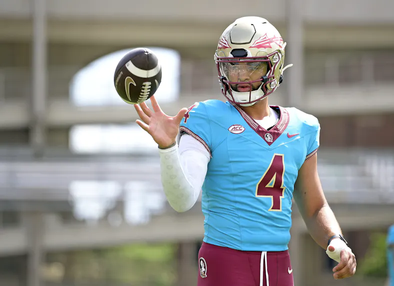 Florida State Seminoles quarterback DJ Uiagalelei as we look at our best Florida State vs. Georgia Tech Week 0 college football prediction and picks.