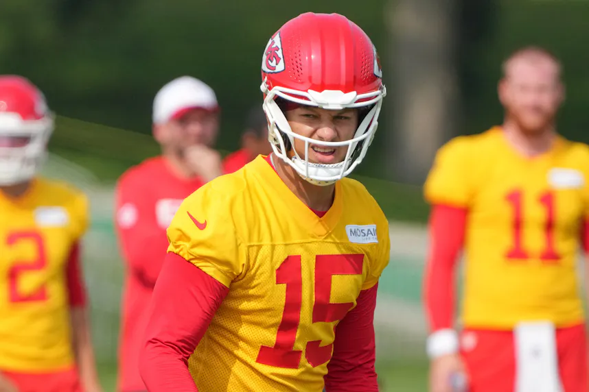Kansas City Chiefs quarterback Patrick Mahomes (15) looks as we offer our best Chiefs vs. Jaguars prediction and odds for Saturday's NFL preseason Week 1 matchup at EverBank Stadium in Jacksonville.