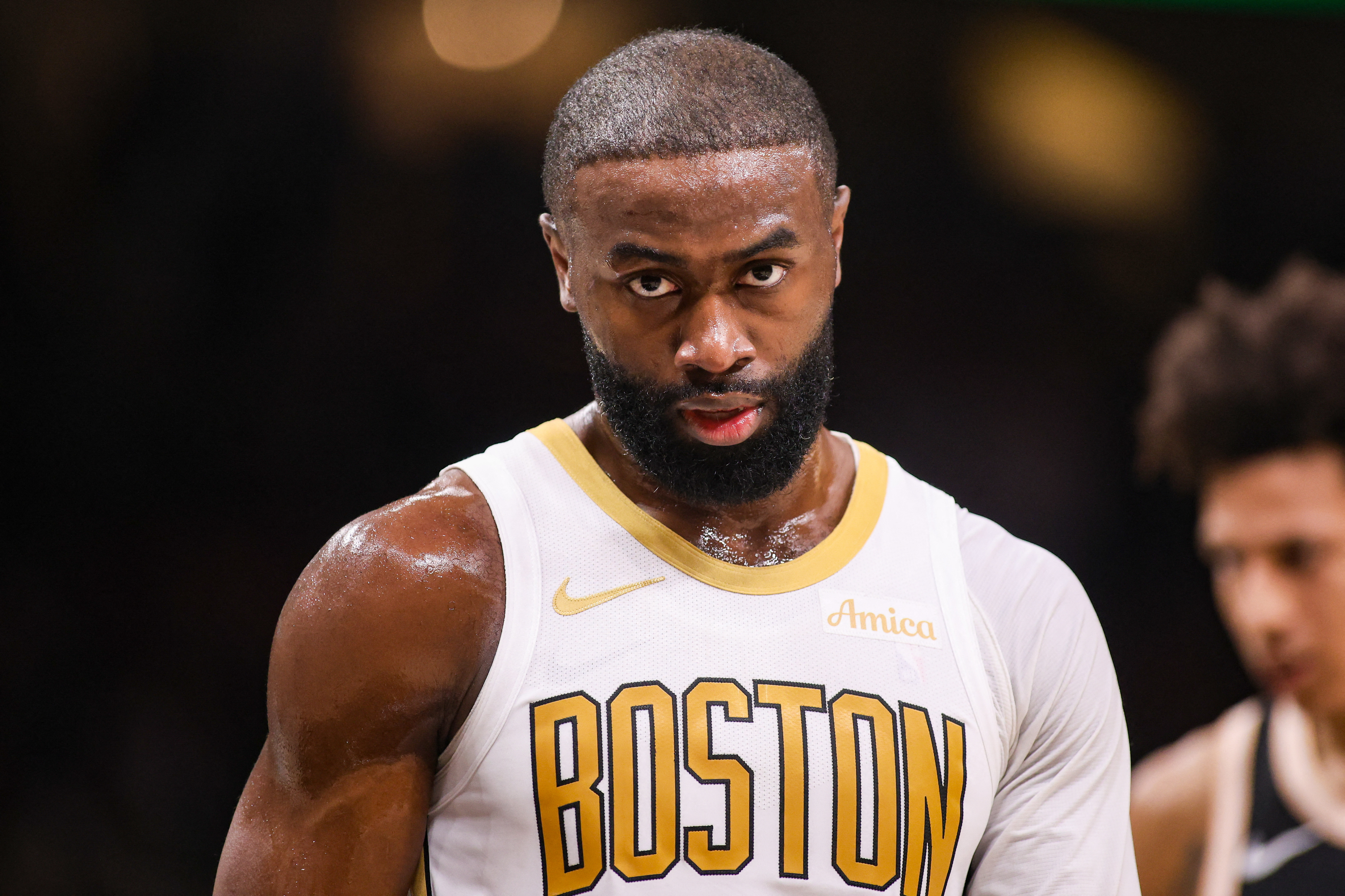 Boston Celtics guard Jaylen Brown (7), seen here during a game, is featured in our Celtics vs. Warriors player props tonight.