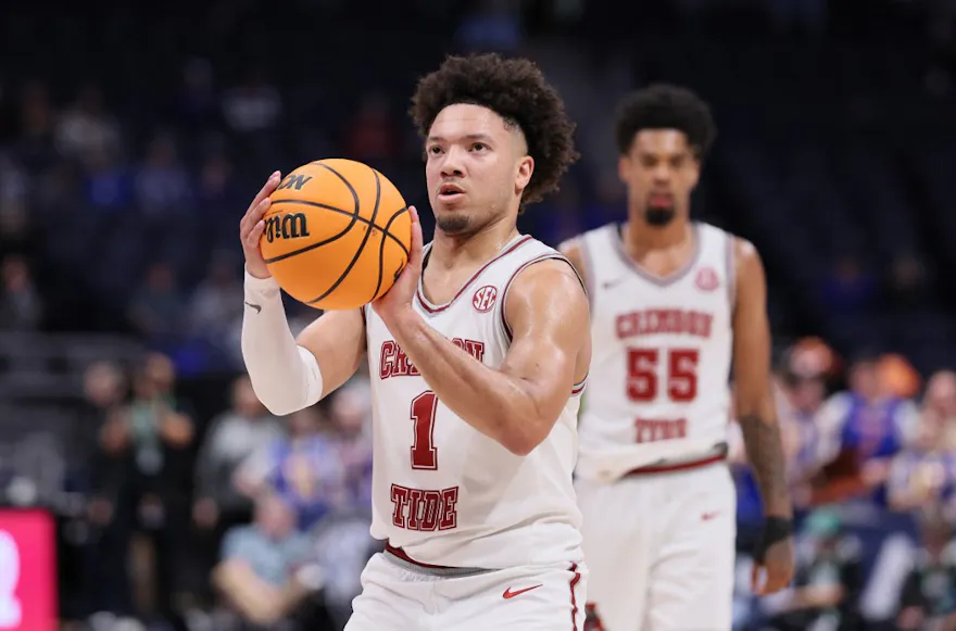 Mark Sears of the Alabama Crimson Tide shoots the ball against the Florida Gators during the quarterfinals of the SEC Basketball Tournament, and we offer our March Madness best bets and player props based on the best NCAAB odds.