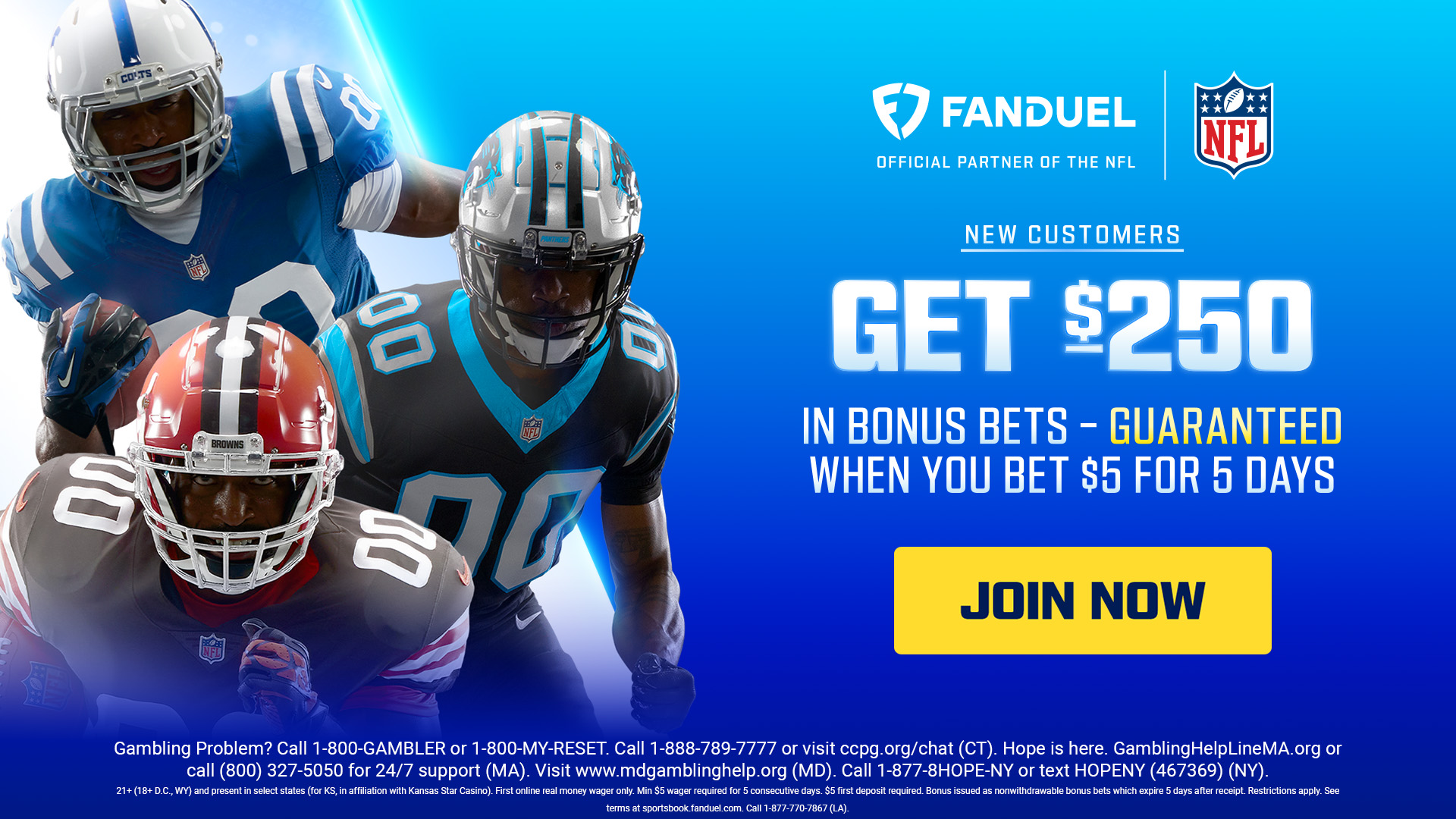 FanDuel Sportsbook NFL promotional graphic showing a 'Get $250 in bonus bets - guaranteed when you bet $5 for 5 days' new customer offer.