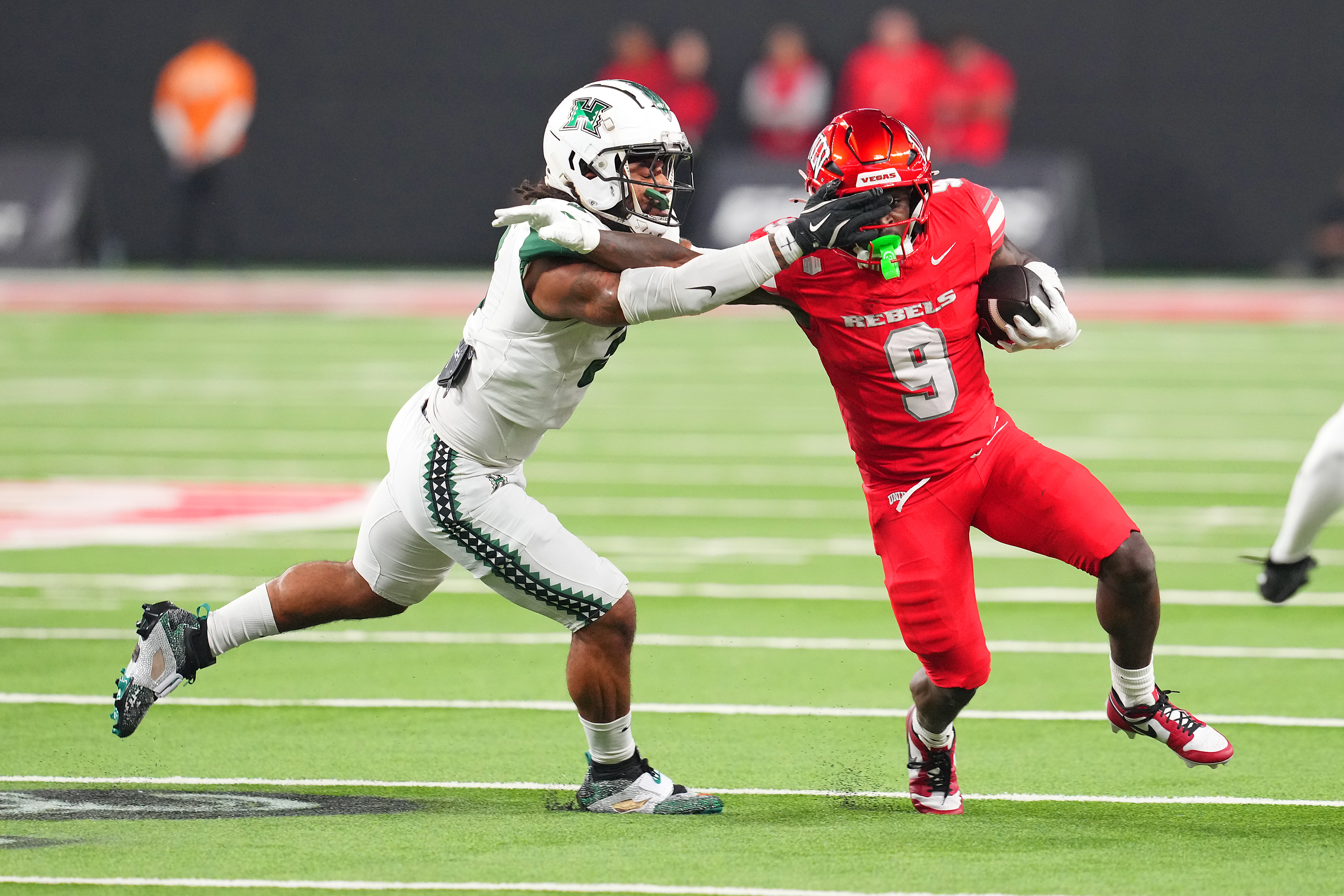 UNLV Rebels running back Jai'Den Thomas (9) runs with the ball as he is featured in our Unlv vs. Ohio predictions & odds today.