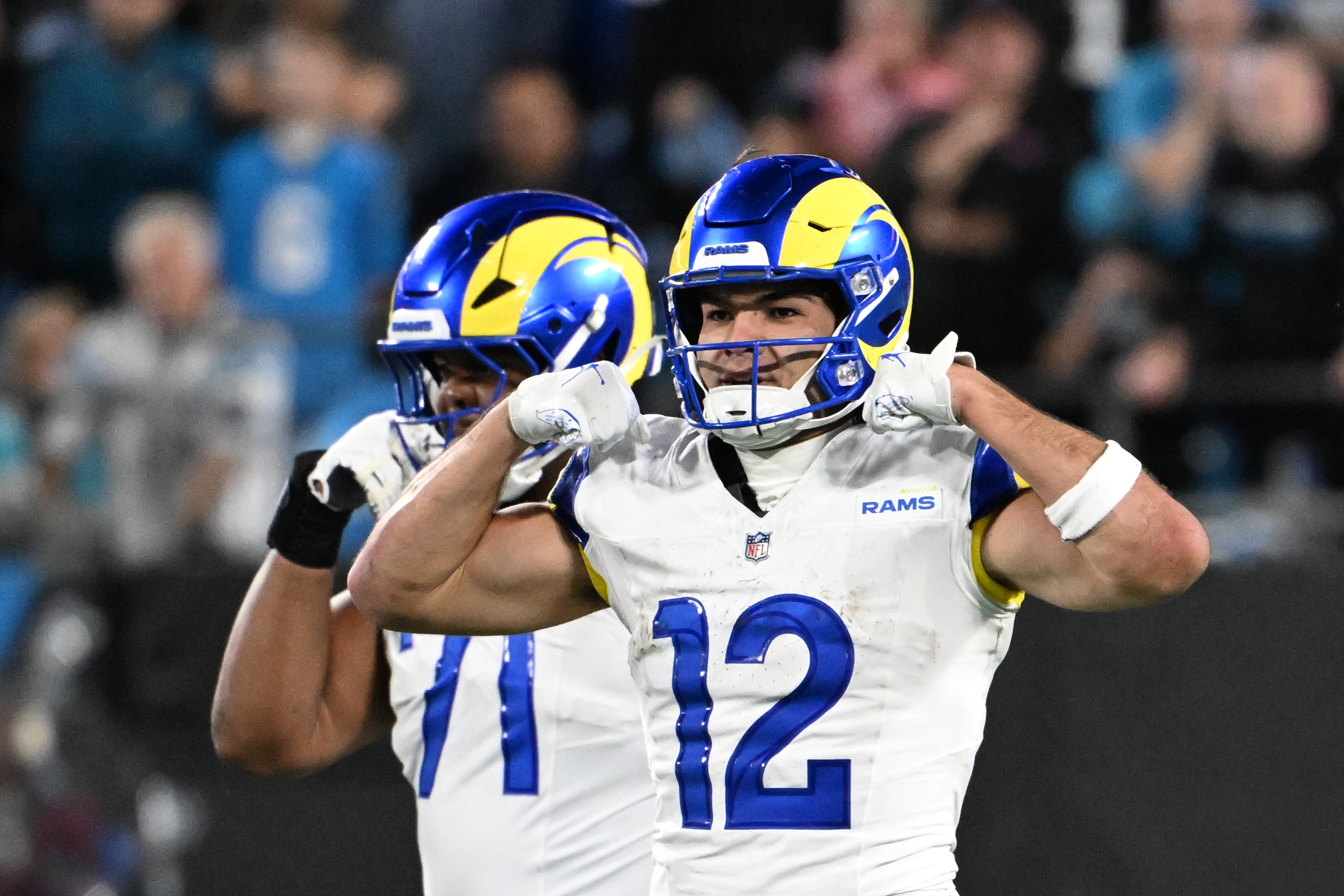 Los Angeles Rams wide receiver Puka Nacua - who's featured in my Rams vs. Bears expert picks - reacts in the fourth quarter.