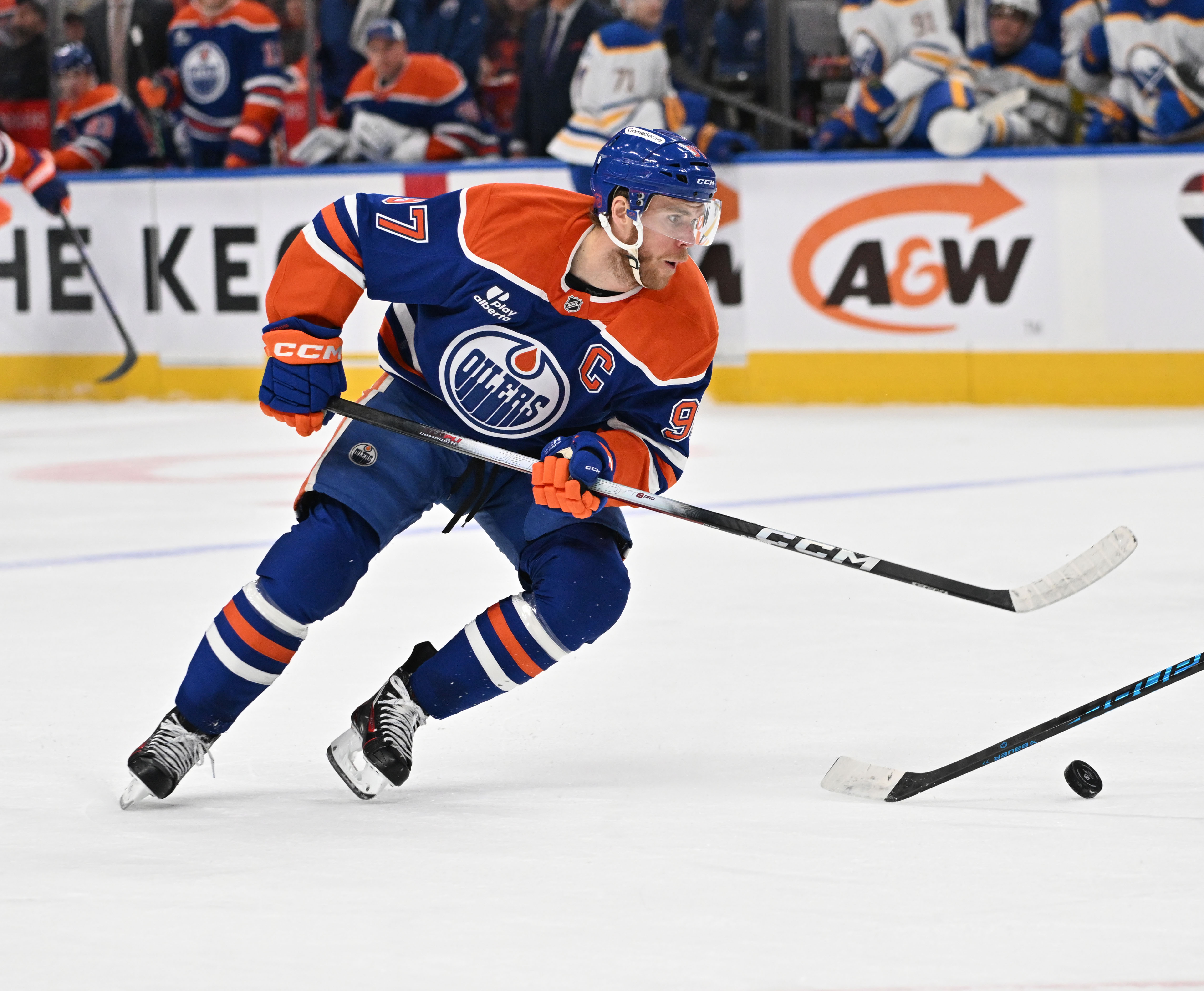 Edmonton Oilers center Connor McDavid (97) skates as we offer our NHL player props today.