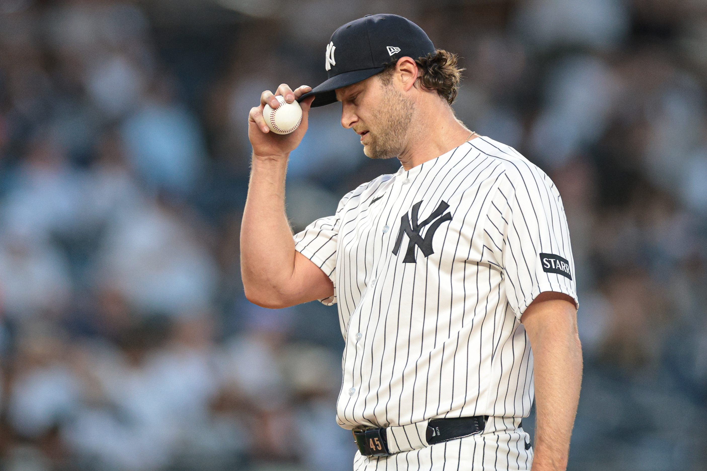 New York Yankees pitcher Gerrit Cole (45) reacts as he is featured in our Yankees vs Guardians win probability.